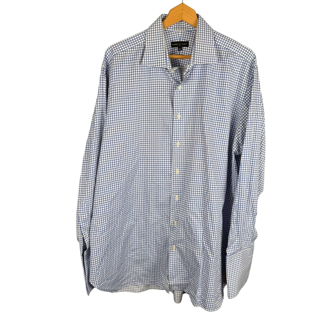 Robert Talbott Estate Mens Blue Graph Check French Cuff Dress Shirt 17.5 35